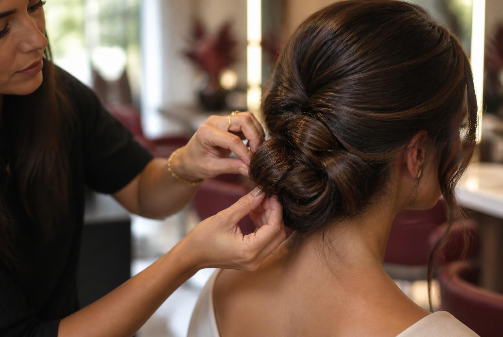 Profissional finalizando o penteado de uma cliente